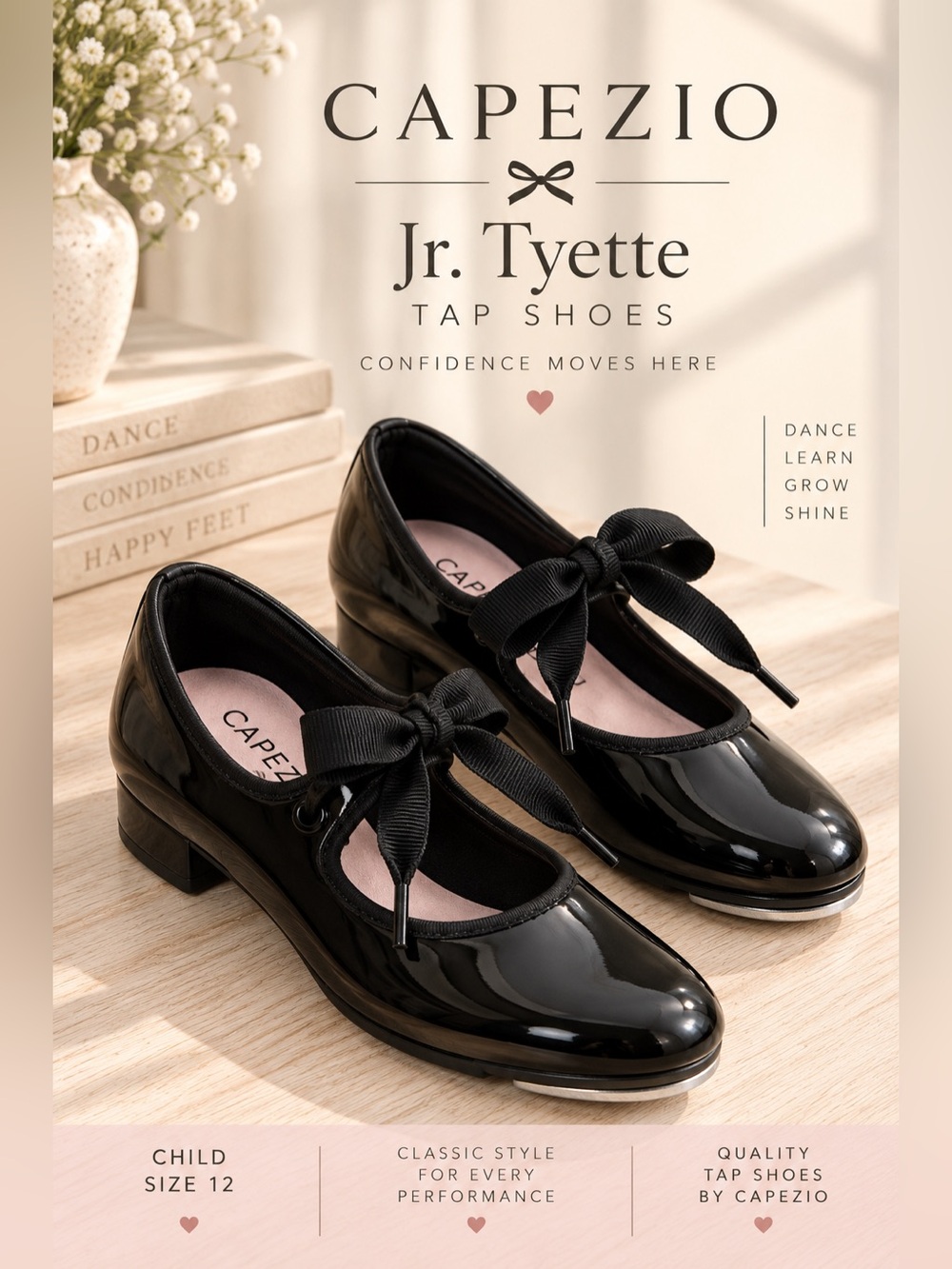 Capezio Jr. Tyette Child Size 12 Black Patent Tap Shoes NWOB